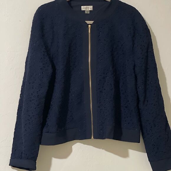 Tahari Arthur S Levine NWT 18 blue lace Bomber jacket gold zipper - Picture 3 of 15